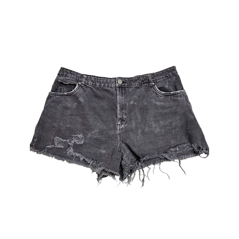 Cotton On Distressed Black Wash Denim Shorts Women Size 14 Frayed Hem High Rise